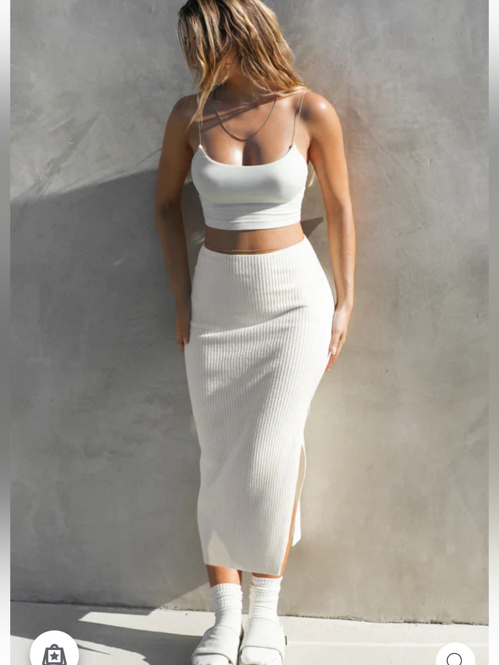 Joah Brown Lux Knit Ribbed Midi Skirt w Side Slit Natural Ivory Cream XS/S